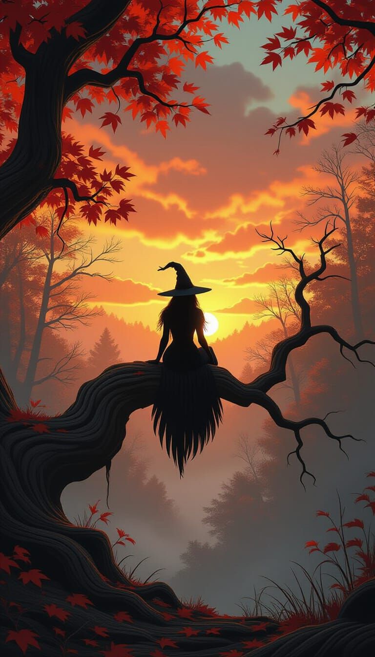 Witch Silhouette on Gnarled Branch Against Autumn Sky