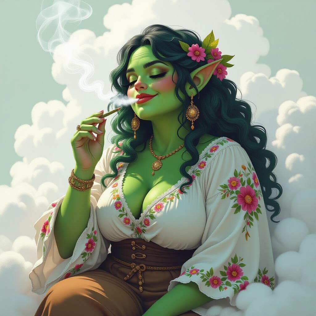 Curvy Troll Woman Smoking on a Cloud in Digital Painting Sty...