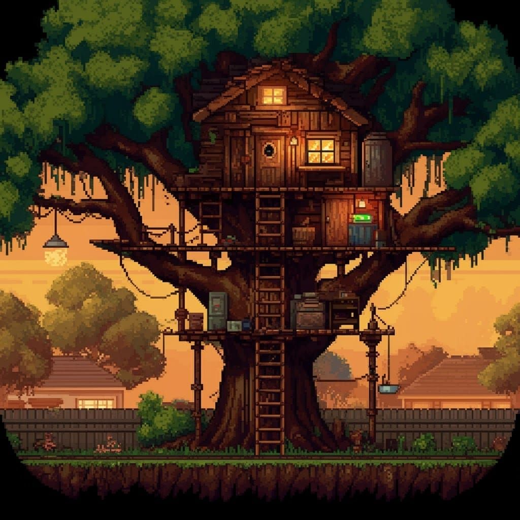 Secret 8-Bit Treehouse Base in Golden Light