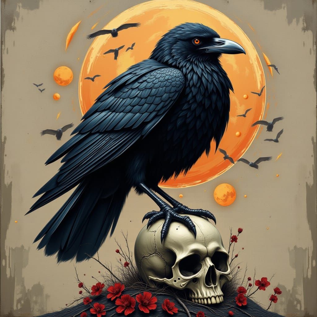 Raven Perched on a Skull