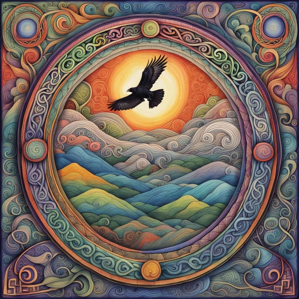Surreal Celtic Landscape with Raven in Childlike Crayon Styl...