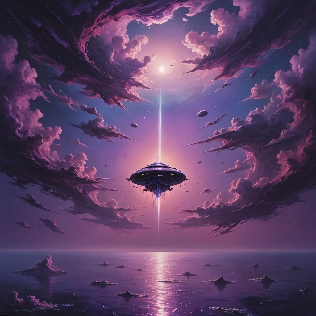 Surreal Spaceship Over Purple Bioluminescent Alien Ocean