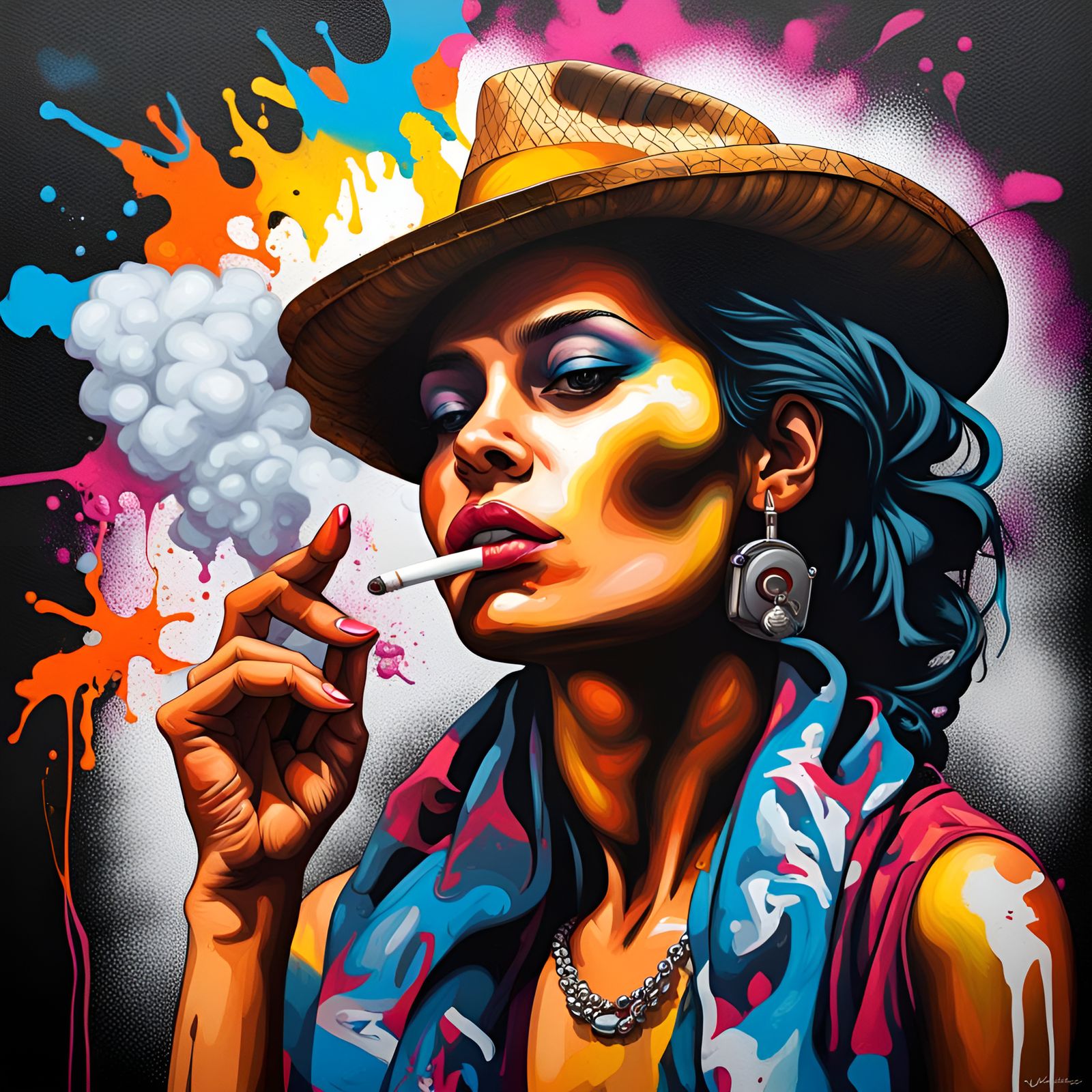 Colorful Cuban Woman Smoking in Graffiti Art Style