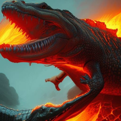 Crocodile Swimming in Lava: Dark Fantasy Concept Art