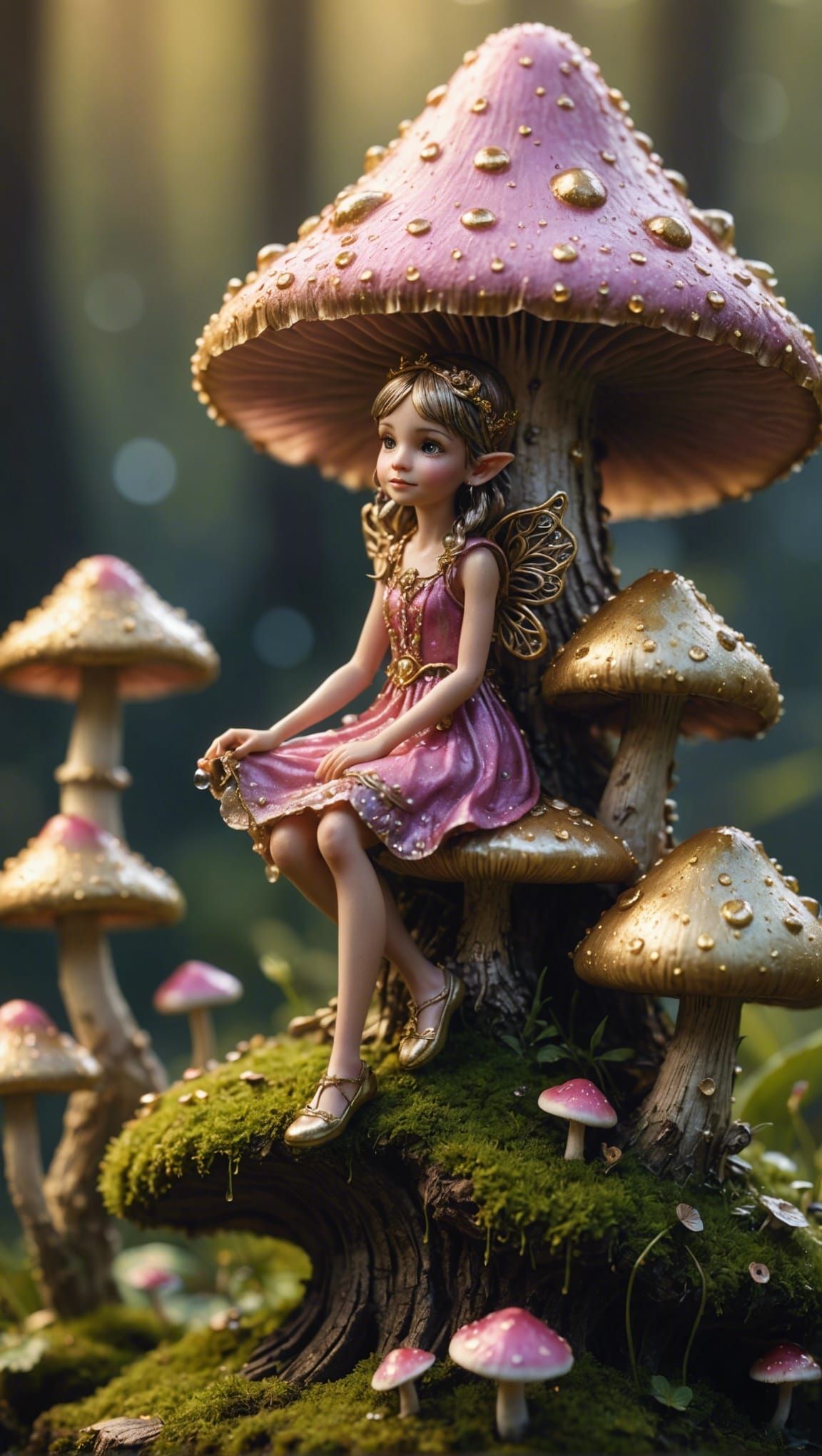 Fairy on Mushroom in Morning Dew, Fantasy Concept Art