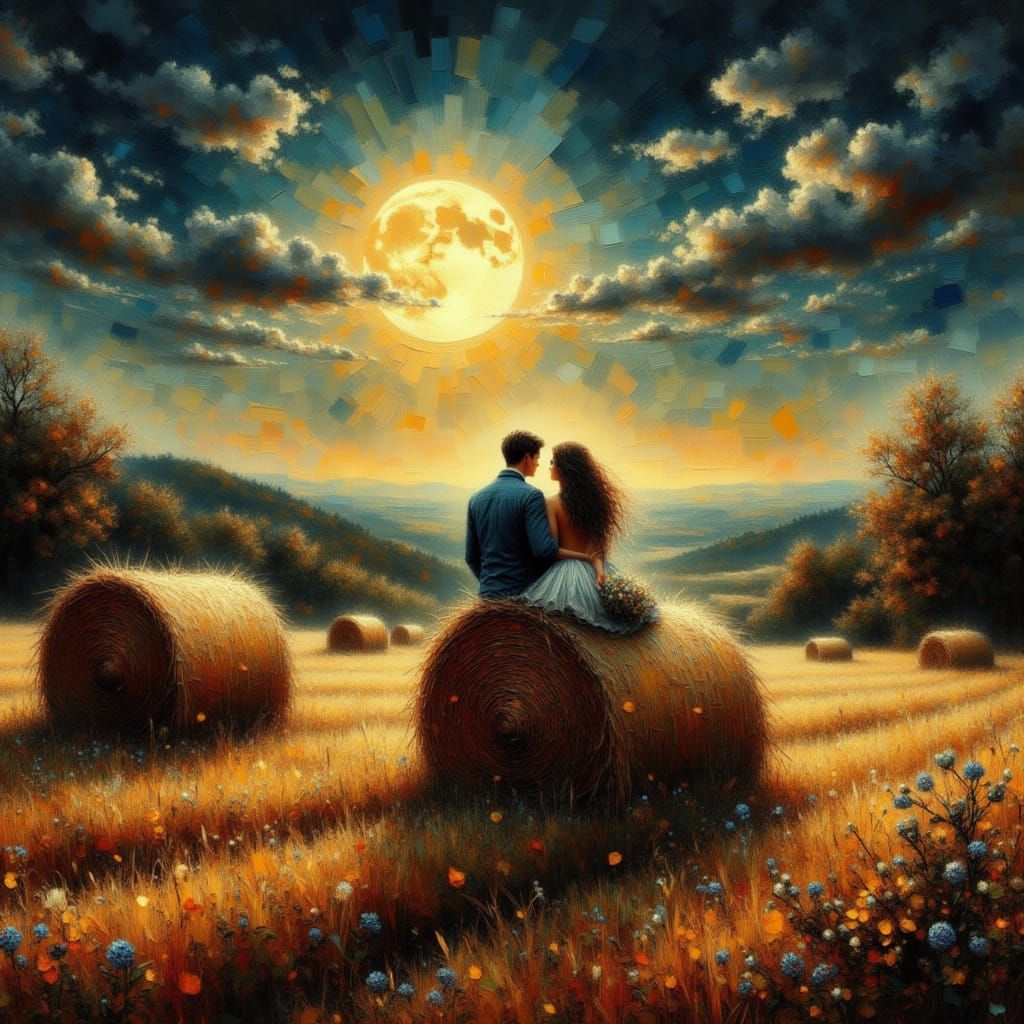 Romantic Hayride Under Harvest Moon in Engraving Style