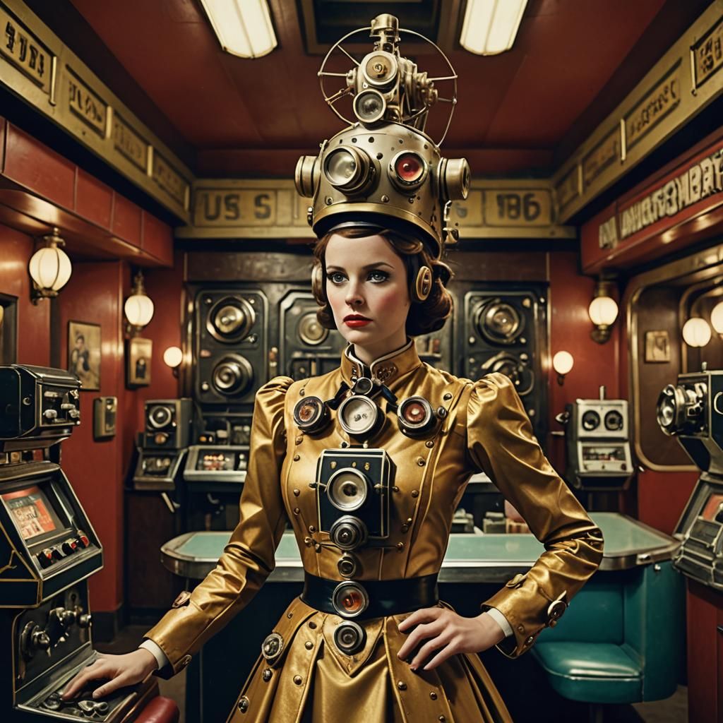 Steampunk Usherette in Wes Anderson Style Cinema
