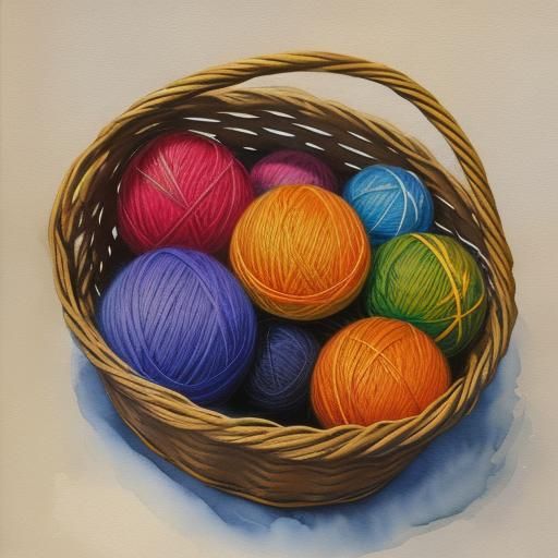 Basket of Yarn Balls in Gouache and Watercolor Style