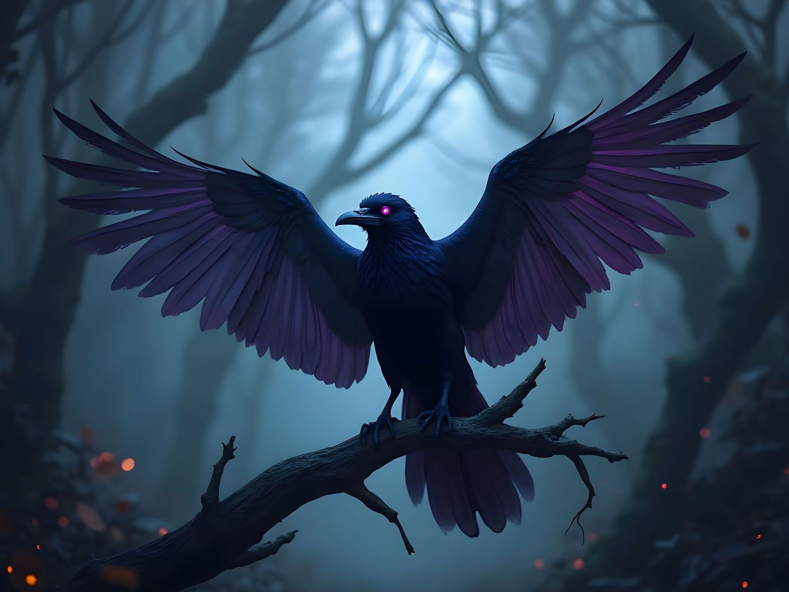 Ornate Raven in Dark Fantasy Forest: Digital Art