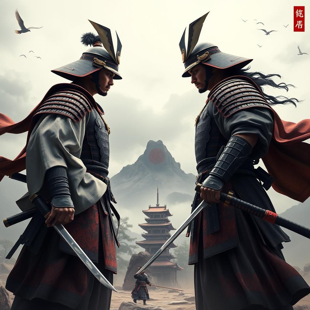 Samurai Face-Off in Desolate Landscape, Digital Art