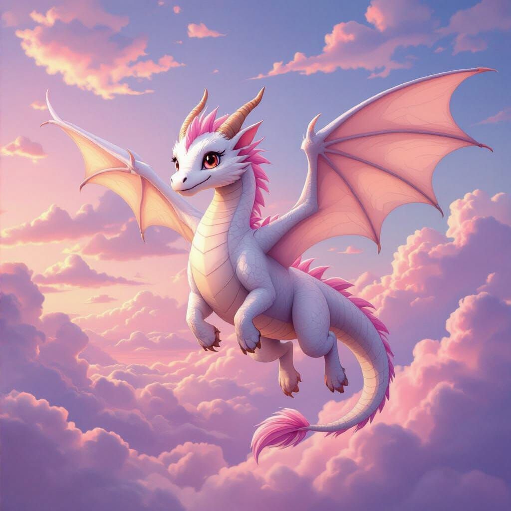 Friendly White Dragon Flies Through Dreamy Landscape