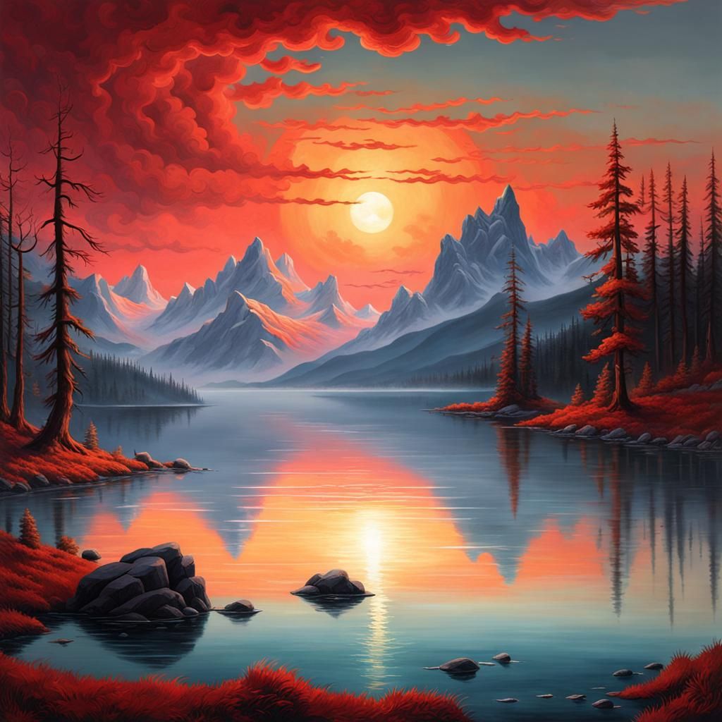 Eerie Lake Landscape with Red Sun, Hyperrealistic Painting