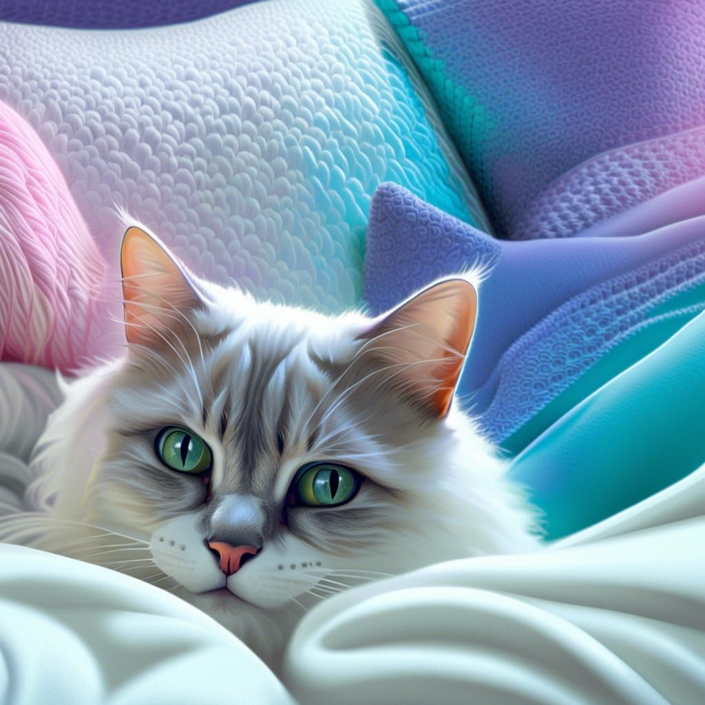 Fluffy White Cat Purring in Bed