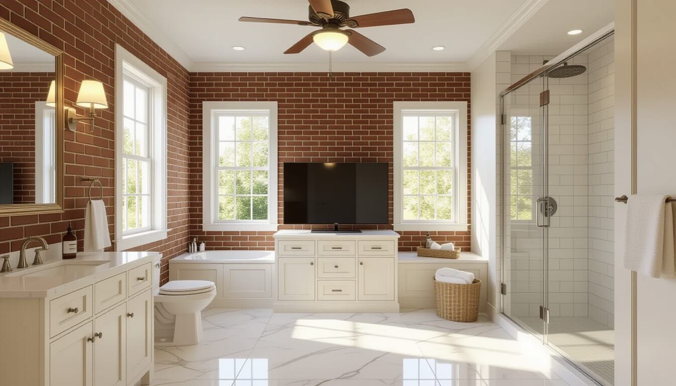 Victorian Bathroom with Marble Floor and Exposed Brick