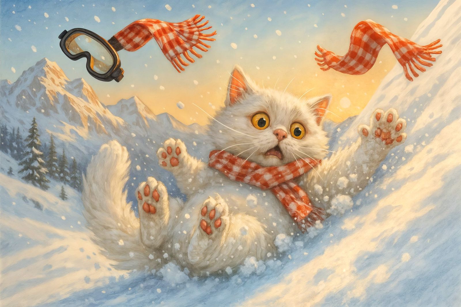 Comical Cat Tumbling Down Snowy Mountain Slope