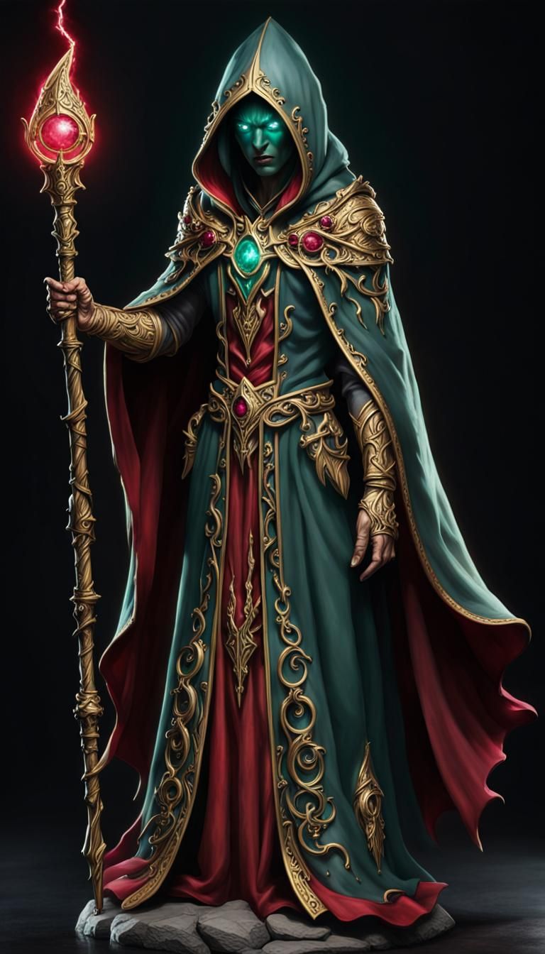 Sorcerer Casting Spells with Emerald Eyes and Staff
