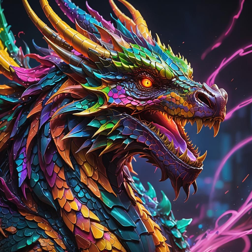 Neon Dragon in Hyperrealistic Splash Art