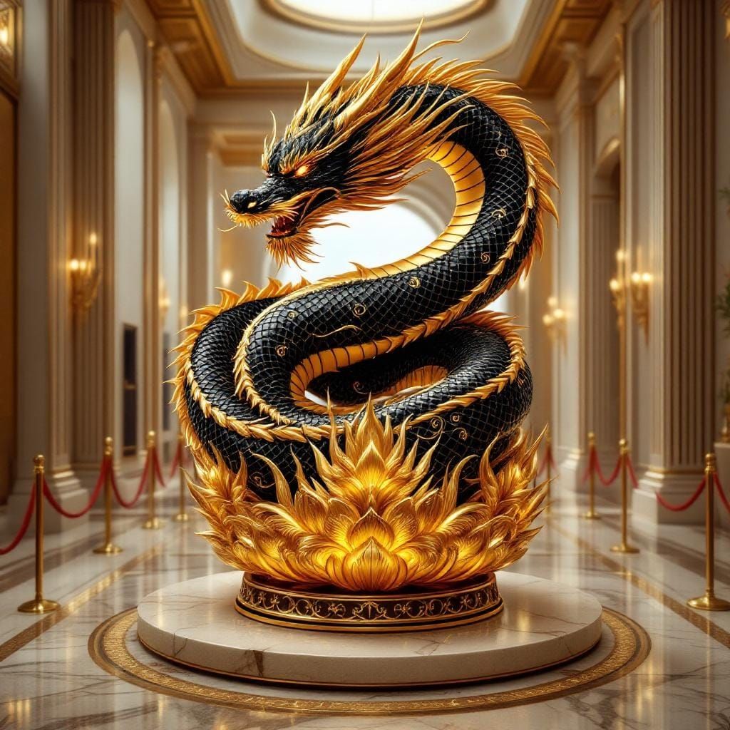 Black and Gold Dragon on Golden Lotus Pedestal