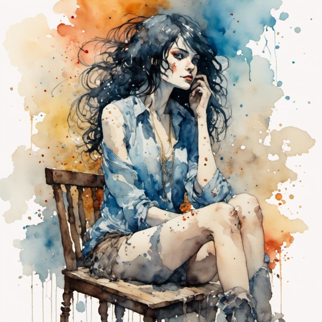 Watercolor Portrait of a Stunning Girl on Chair
