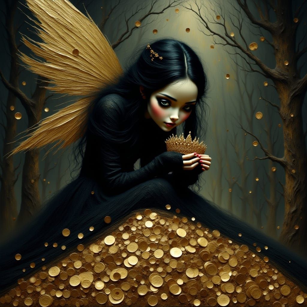 Dark Fairy Sits Amidst Glinting Gold and Jewels, Driven by A...