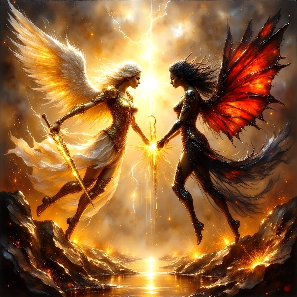 Angelic and Demonic Clash in Ink Art Style