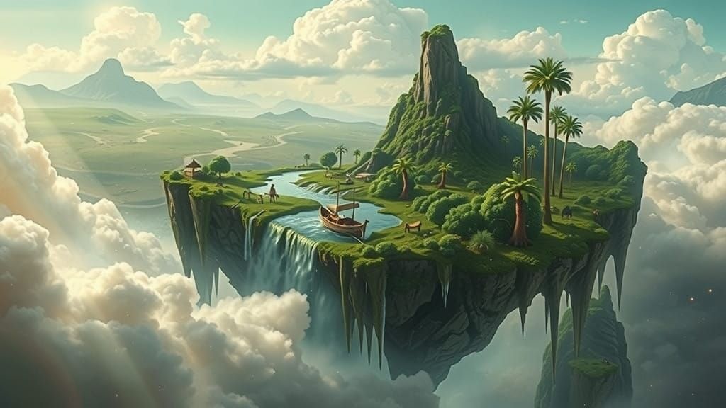 Colossal Marble Hand Emerges from Clouds in Serene Landscape