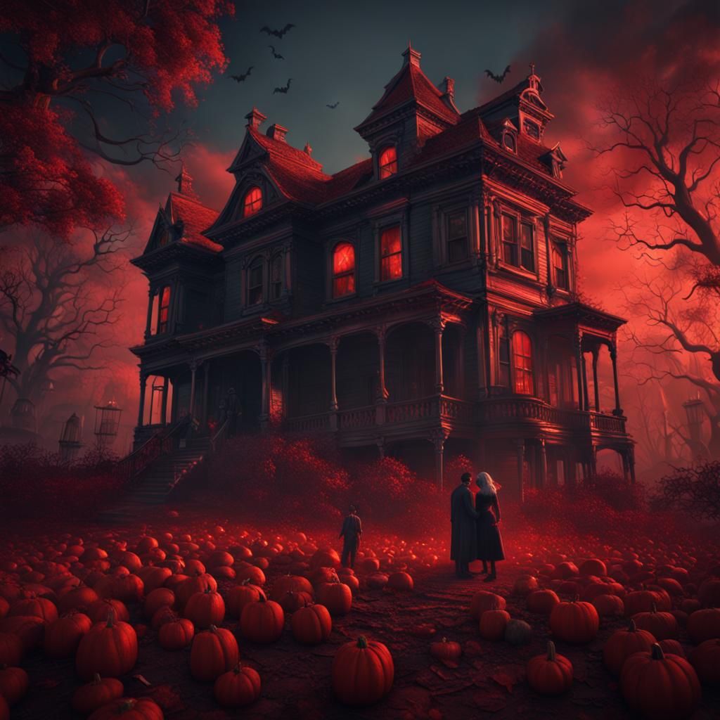 Macabre Retro Halloween Couple in Haunted House