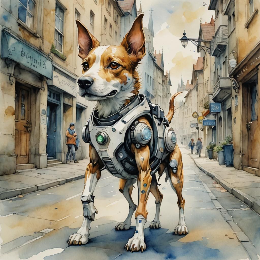 Happy Cyborg Dog Walks in City, Watercolour Style