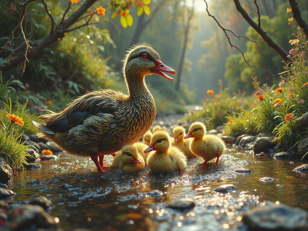 Mother Duck and Her Adorable Ducklings in a Serene, Sunlit S...