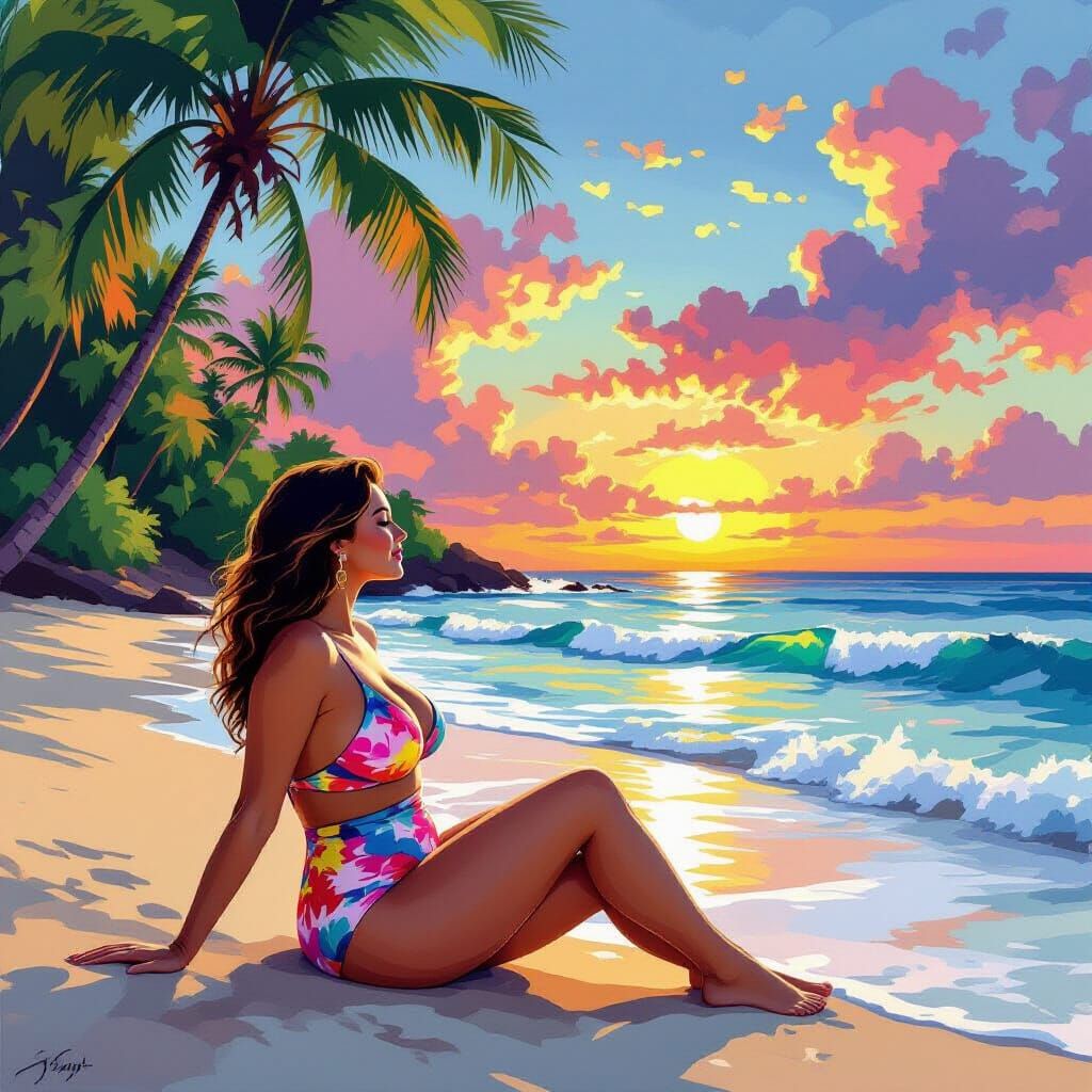 Tropical Sunset Beach Scene in Impressionist Style