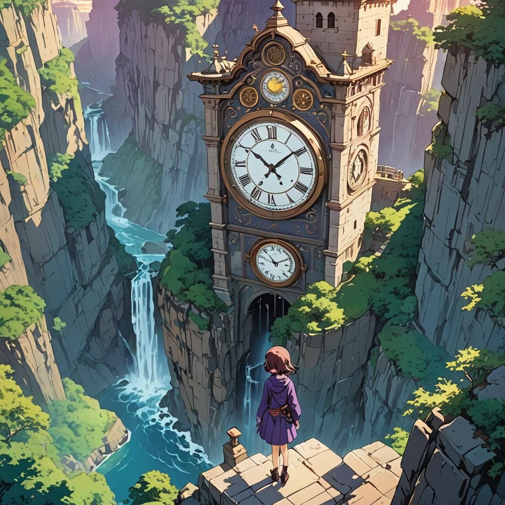 Anime Woman Beside Clock Tower at Sunset