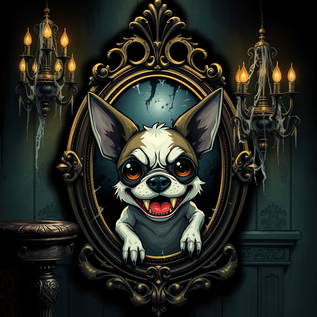 Chibi Horror Dog Emerges from Haunted Mirror