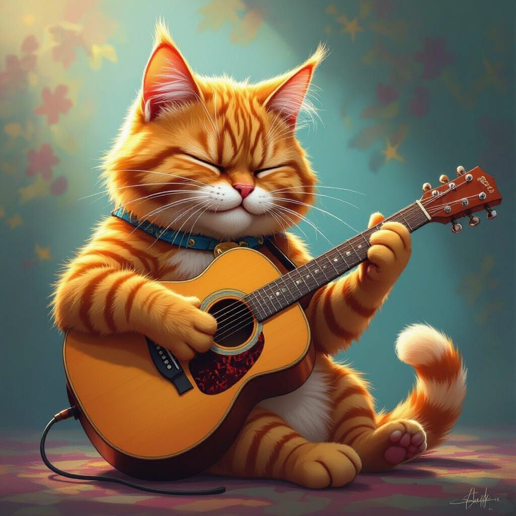 Garfield Playing Guitar with Dramatic Lighting