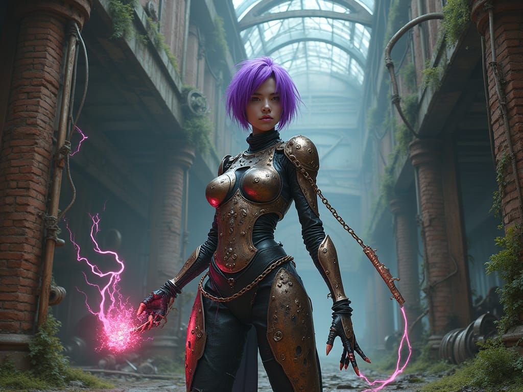 Android Warrior Defies Ruins of Steampunk Factory in Neon-Li...