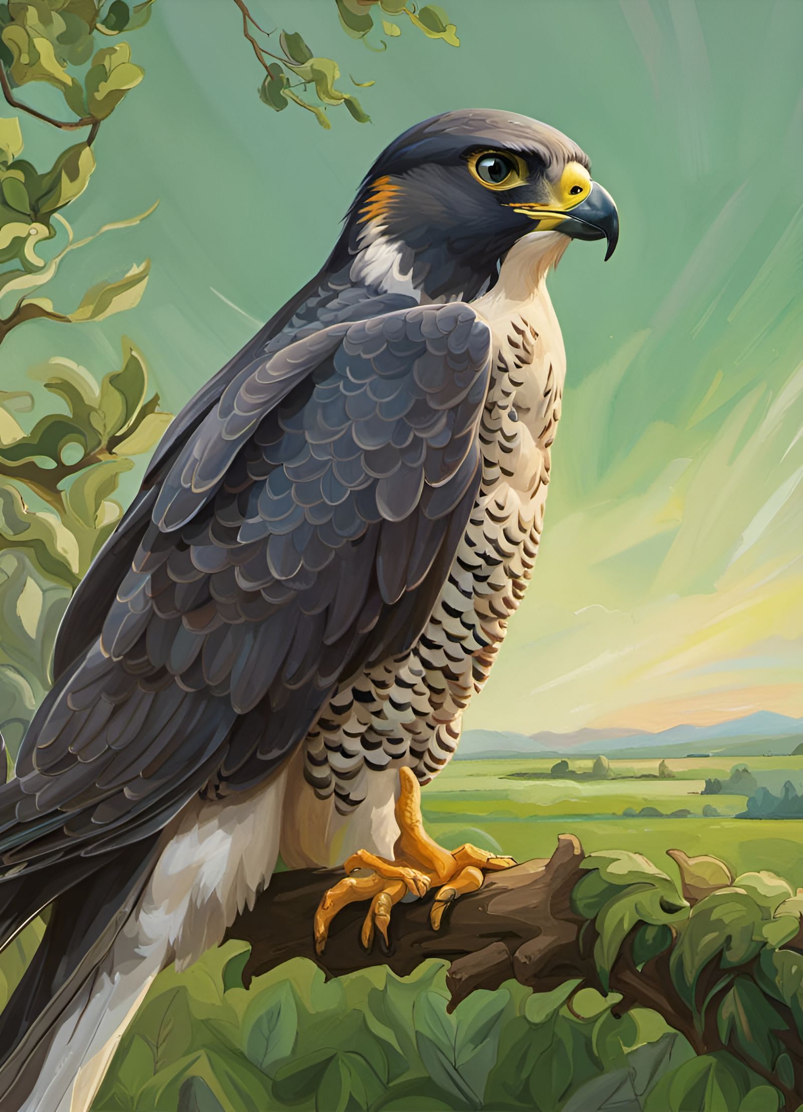 Peregrine Falcon Overlooking Field, Detailed Digital Paintin...