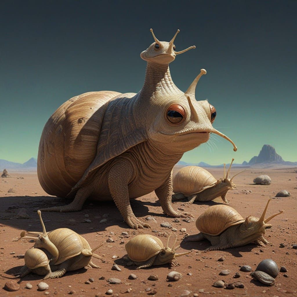 Alien Market with Seven-Headed Snails in Surreal Style