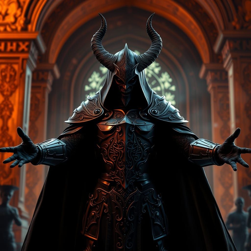 Dark Fantasy Warrior in Ancient Armor with Fiery Backdrop