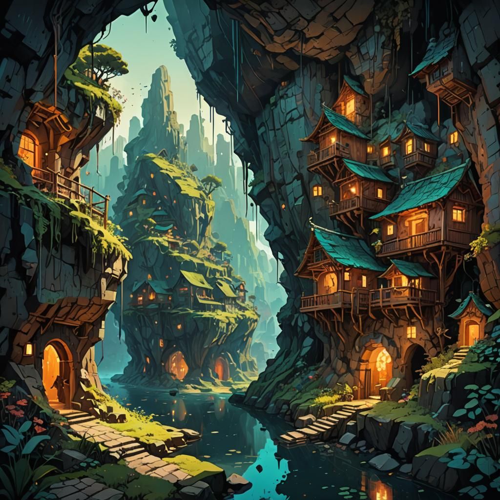 Naturepunk Cave Dwellings: A Hyperdetailed Matte Painting