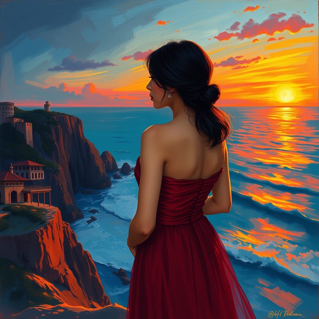 Young Woman Stands Serenely on Cliff at Sunset