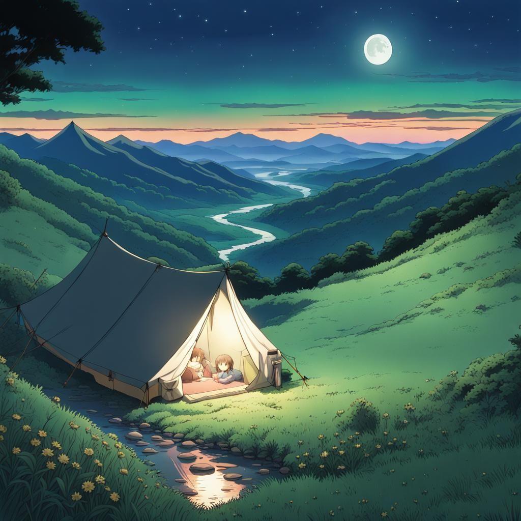 Mountain Tent Under Starry Sky: Ghibli Anime