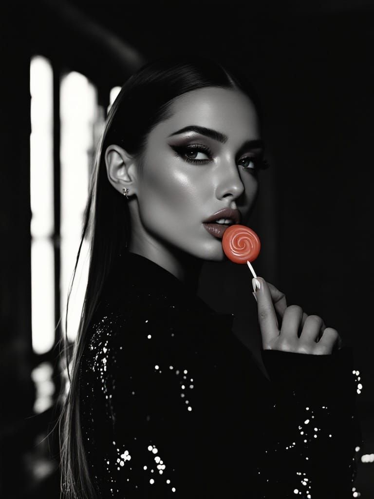 Glamorous Woman with Lollipop in Bold Fashion Style