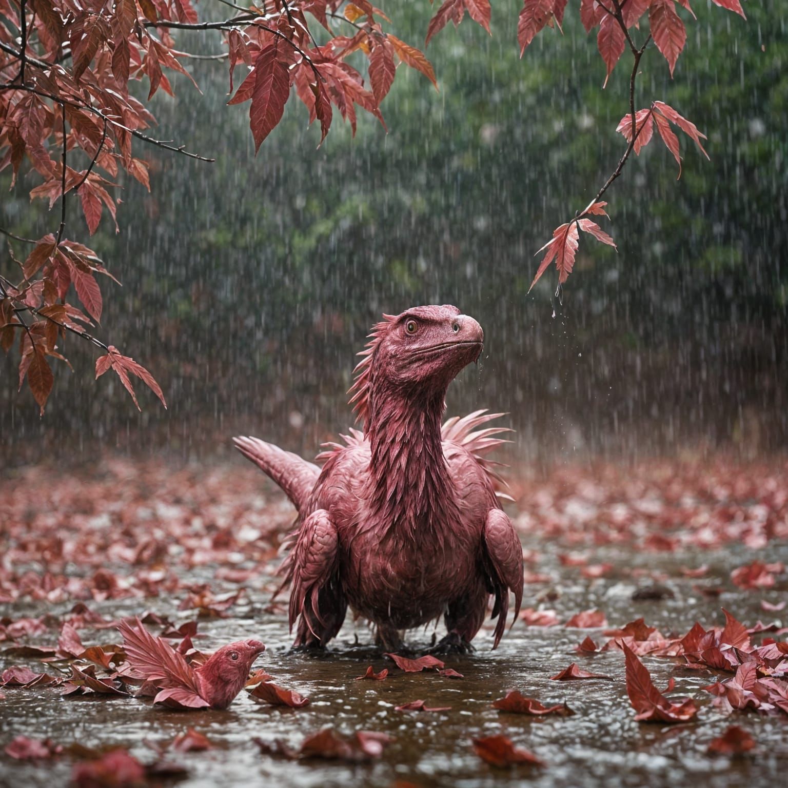 Pink Feathered Dinosaur in Tropical Rainstorm