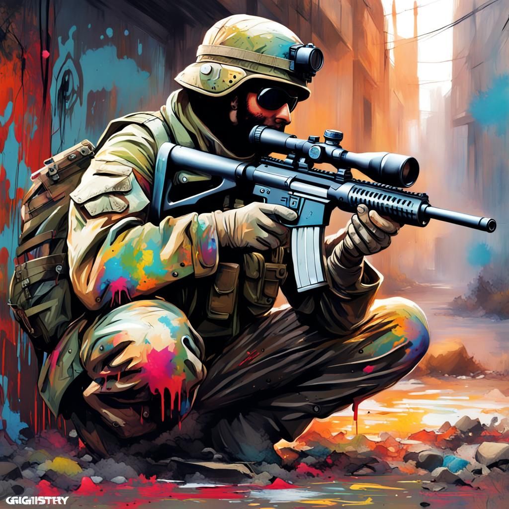 Camouflaged Soldier with Sniper Rifle in Graffiti Art Style