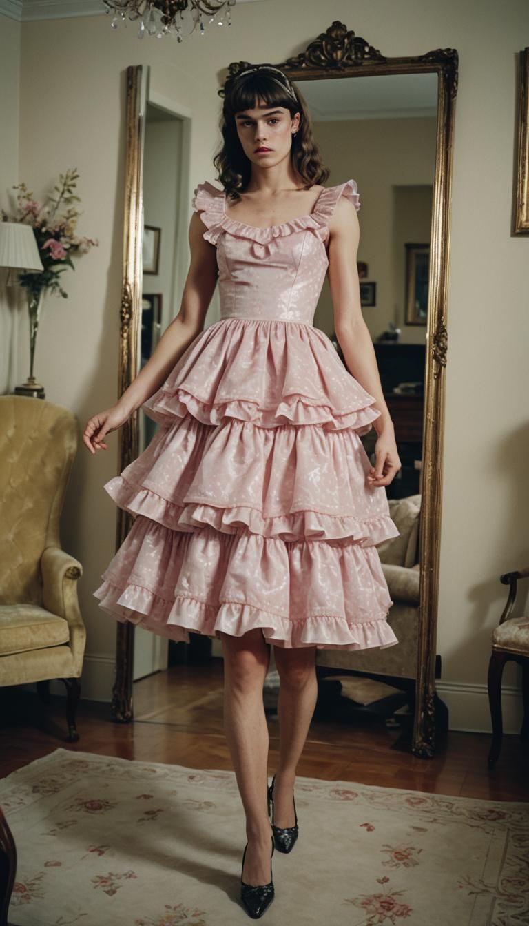 Muscular Man Crossdressing in Frilly Dress: Cinematic Still