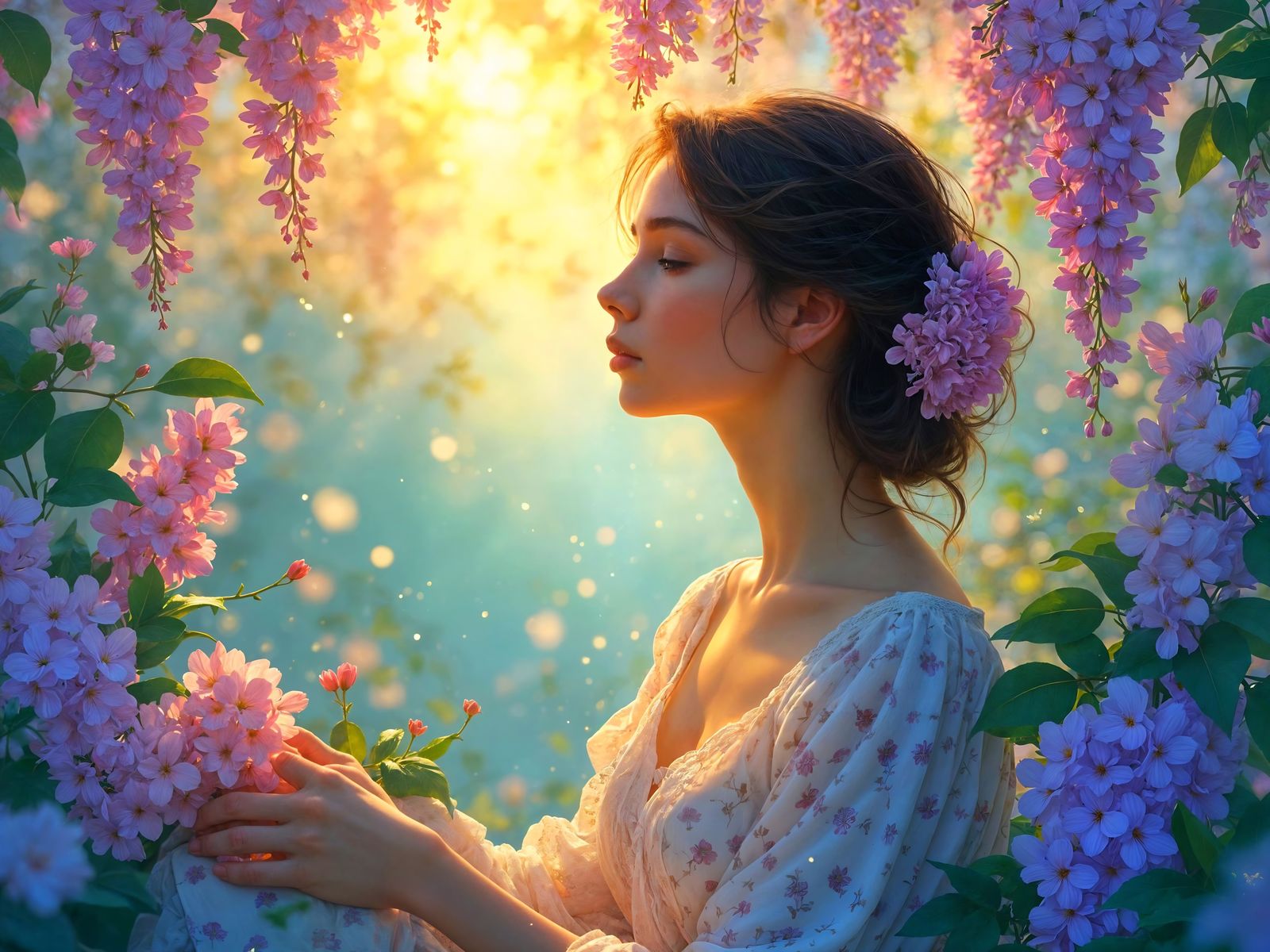 Young Woman in Enchanted Spring Garden