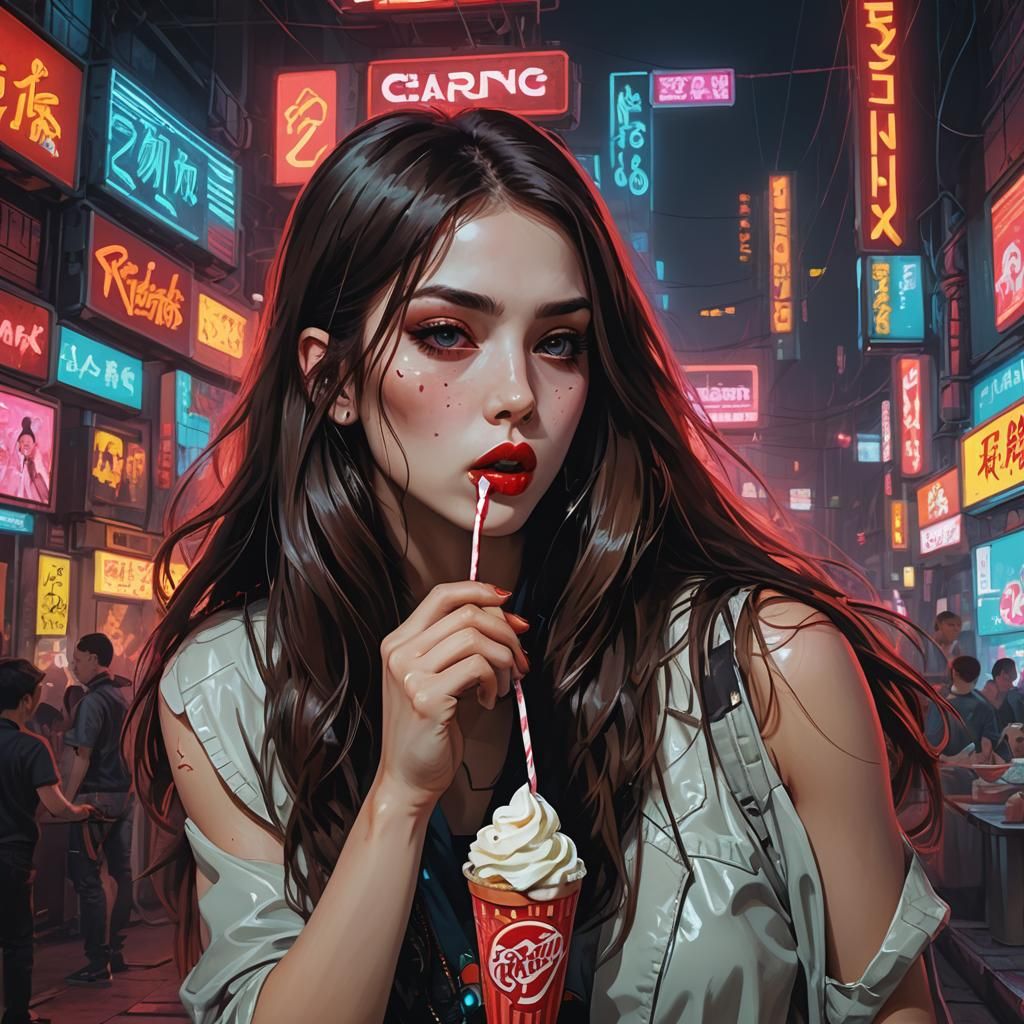 Cyberpunk Woman Enjoys Ice Cream in Neon City