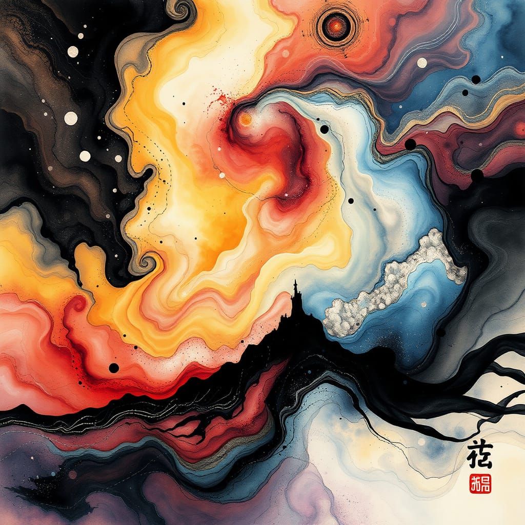 Vibrant Psychedelic Fractal Universe in Ink Wash and Silk Ar...