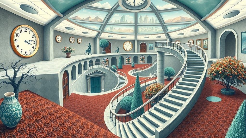 Bending Staircase Clock in an Escher-Inspired Spiral Landsca...