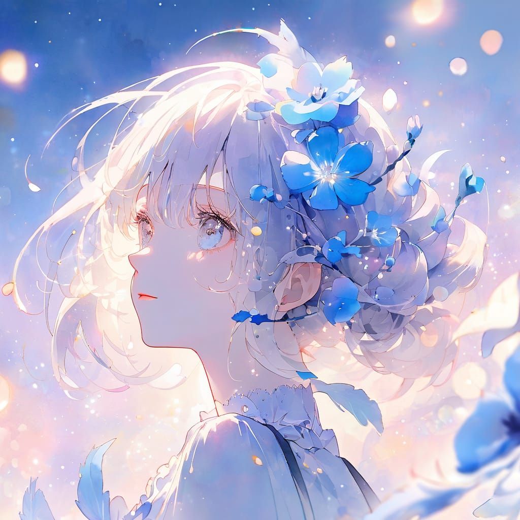 Whimsical Anime Girl with Blue Flower in Hair