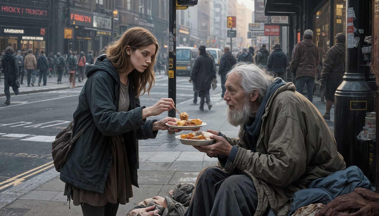 Compassionate Encounter: Woman Shares Meal with Homeless Per...